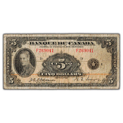 SOLD $5 1935 Banque du Canada Note French Text BC-6 - Faded Back