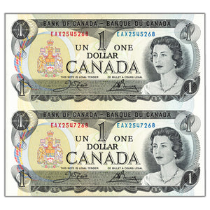 SOLD $1 1973 Bank of Canada Notes EAX Replacement Uncut Pair - Uncirculated