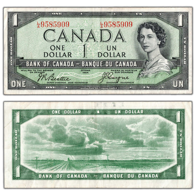 $1 1954 Bank of Canada Note Devil Face L/A Prefix BC-29b - VF