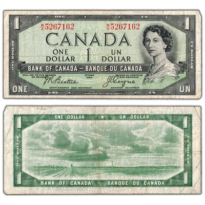 $1 1954 Bank of Canada Note Devil Face M/A Prefix BC-29b - F/VF