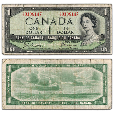 $1 1954 Bank of Canada Note Devil Face R/A Prefix BC-29b - Fine (small tears)
