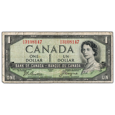 $1 1954 Bank of Canada Note Devil Face R/A Prefix BC-29b - Fine (small tears)
