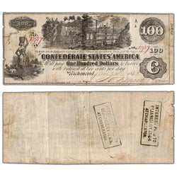United States 1862 $100 Confederate States Note - Two Interest Stamps