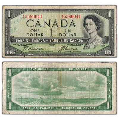 $1 1954 Bank of Canada Note Devil Face M/A Prefix BC-29b - Writing