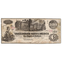 United States 1862 $100 Confederate States Note - Two Interest Stamps
