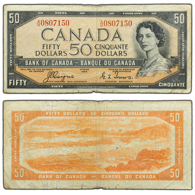 SOLD $50 1954 Bank of Canada Note Devil Face A/H Prefix BC-34a - Edges Worn