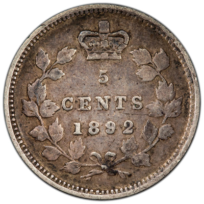 Canada 1892 Obverse #2 5 Cents Silver Coin - Very Fine