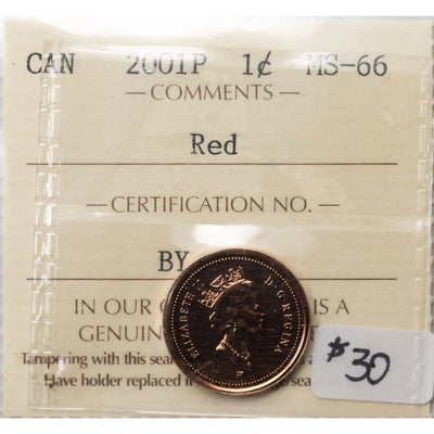 SOLD Canada 2001P 1 Small Cent Coin - ICCS MS-66 Red