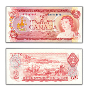 SOLD $2 1974 Bank of Canada Note RY Prefix BC-47a - 4 Digit Radar