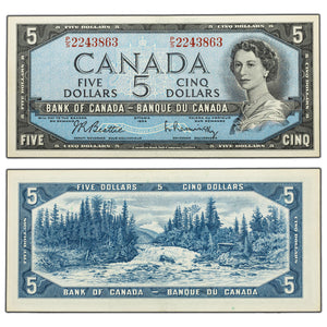 SOLD $5 1954 Bank of Canada Note Beattie-Rasminsky P/S Prefix BC-39b - EF/AU