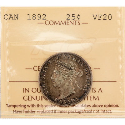 Canada 1892 25 Cents Quarter Silver Coin - ICCS VF-20