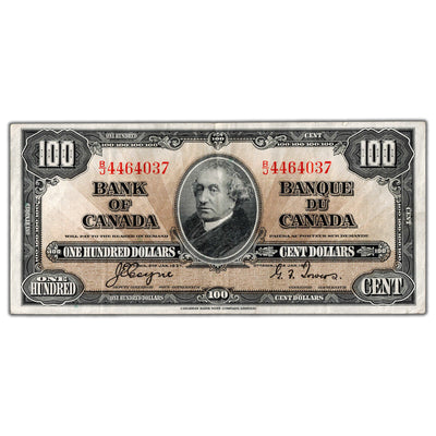 SOLD $100 1937 Bank of Canada Note Coyne-Towers B/J Prefix BC-27c- VF/EF