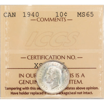 Canada 1940 10 Cents Dime Silver Coin - ICCS MS-65