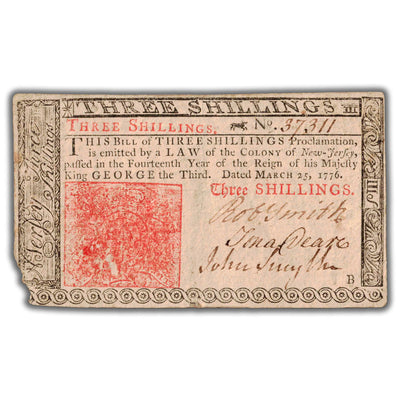 SOLD United States New Jersey 1776 3 Three Shillings Colonial Note NJ #177 - Missing Corner