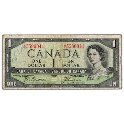 $1 1954 Bank of Canada Note Devil Face M/A Prefix BC-29b - Writing