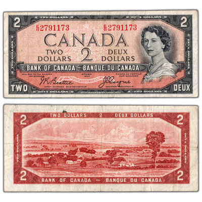 $2 1954 Bank of Canada Note Devil Face E/B Prefix BC-30b - F/VF (hole)