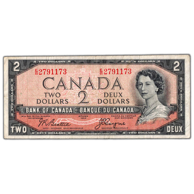 $2 1954 Bank of Canada Note Devil Face E/B Prefix BC-30b - F/VF (hole)