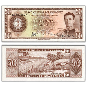 SOLD Paraguay 1952 (1963) 50 Guaranies Note P #197a (2) - Choice UNC