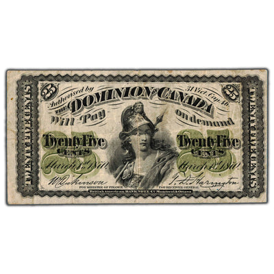 25 Cents 1870 Dominion of Canada Shinplaster Note Plain DC-1c - F/VF