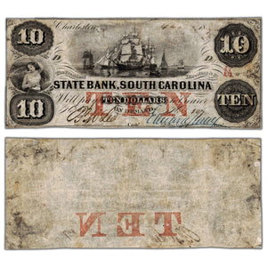 SOLD United States 1850's State Bank South Carolina $10 Ten Dollars Obsolete Note - Circulated