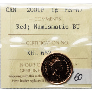 SOLD Canada 2001P 1 Small Cent Coin - ICCS MS-67 Red Numismatic BU