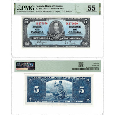 SOLD $5 1937 Bank of Canada Note Coyne-Towers A/S Prefix BC-23c - PMG AU-55