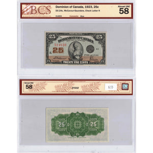 SOLD 25 Cents 1923 Dominion of Canada Shinplaster Note DC-24c - BCS AU-58