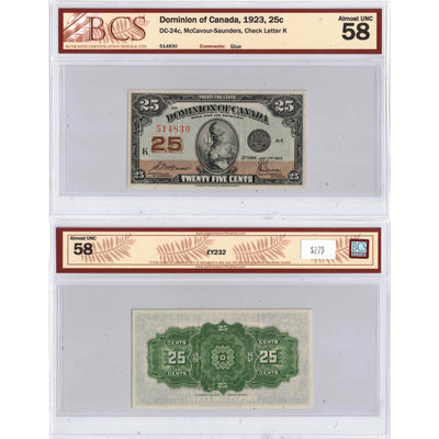 SOLD 25 Cents 1923 Dominion of Canada Shinplaster Note DC-24c - BCS AU-58