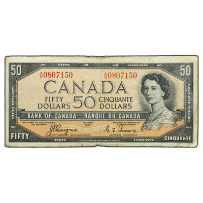 SOLD $50 1954 Bank of Canada Note Devil Face A/H Prefix BC-34a - Edges Worn