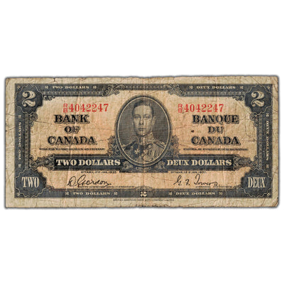 $2 1937 Bank of Canada Note Gordon-Towers R/B Prefix BC-22b - VG