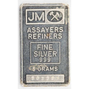 SOLD Johnson Matthey JM 5 Gram .999 Fine Silver Bar