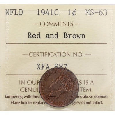 Newfoundland 1941-C 1 Small Cent Coin - ICCS MS-63 Red & Brown
