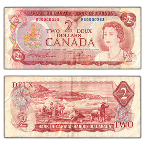 SOLD $2 1974 Bank of Canada Note RG Prefix Lower Serial #353 BC-47a - Circulated