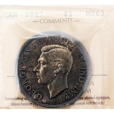 SOLD Canada 1947 Pointed 7 $1 Silver Dollar Coin - ICCS MS-63