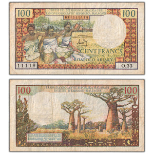 SOLD Madagascar ND (1966) 100 Francs Note P #57a - Pinholes