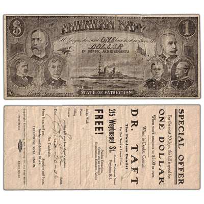 SOLD United States 1898-1900 $1 American Navy Advertising Note - Large Tear