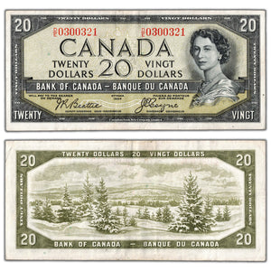 SOLD $20 1954 Bank of Canada Note Devil Face D/E Prefix BC-33b - VF