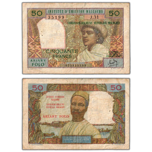 SOLD Madagascar ND (1969) 50 Fifty Francs Note P #61 - Pinholes/Tear