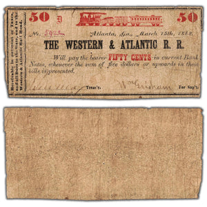 SOLD United States 1862 The Western & Atlantic Railroad 50 Cents Note