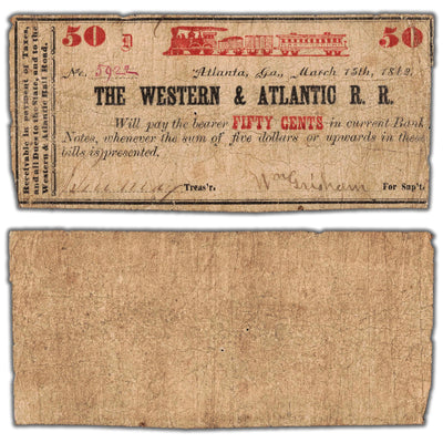 United States 1862 The Western & Atlantic Railroad 50 Cents Note