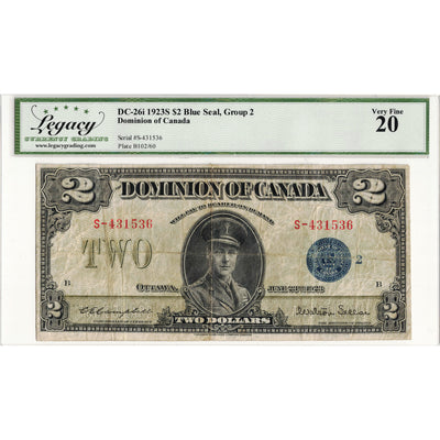 $2 1923 Dominion of Canada Note Blue Seal Series S DC-26i - Legacy VF-20