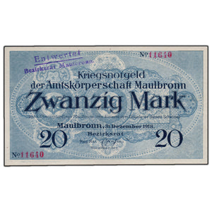 SOLD Germany Maulbronn 1918 Notgeld 20 Mark Note Emergency Issue