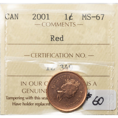 SOLD Canada 2001 1 Small Cent Coin - ICCS MS-67 Red