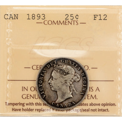 Canada 1893 25 Cents Quarter Silver Coin - ICCS F-12