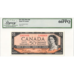 $50 1954 Bank of Canada Note Beattie-Rasminsky B/H Prefix BC-42b - Legacy Gem UNC-66 PPQ