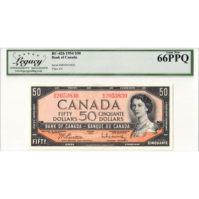 $50 1954 Bank of Canada Note Beattie-Rasminsky B/H Prefix BC-42b - Legacy Gem UNC-66 PPQ
