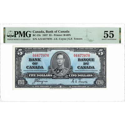 SOLD $5 1937 Bank of Canada Note Coyne-Towers A/S Prefix BC-23c - PMG AU-55