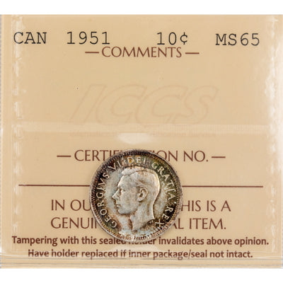 Canada 1951 10 Cents Dime Silver Coin - ICCS MS-65