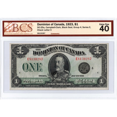 SOLD $1 1923 Dominion of Canada Note Black Seal Series E DC-25o - BCS EF-40