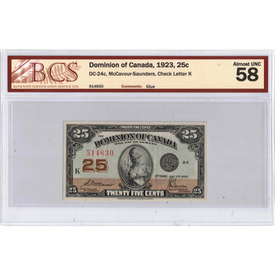 SOLD 25 Cents 1923 Dominion of Canada Shinplaster Note DC-24c - BCS AU-58